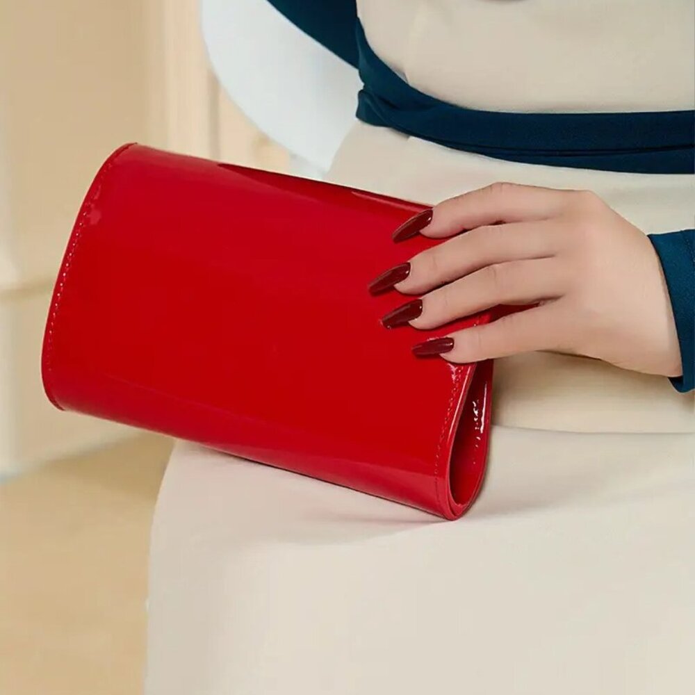Red Patent Leather Clutch Purse - Evening Bag with Chain for Women NEW - Picture 4 of 10